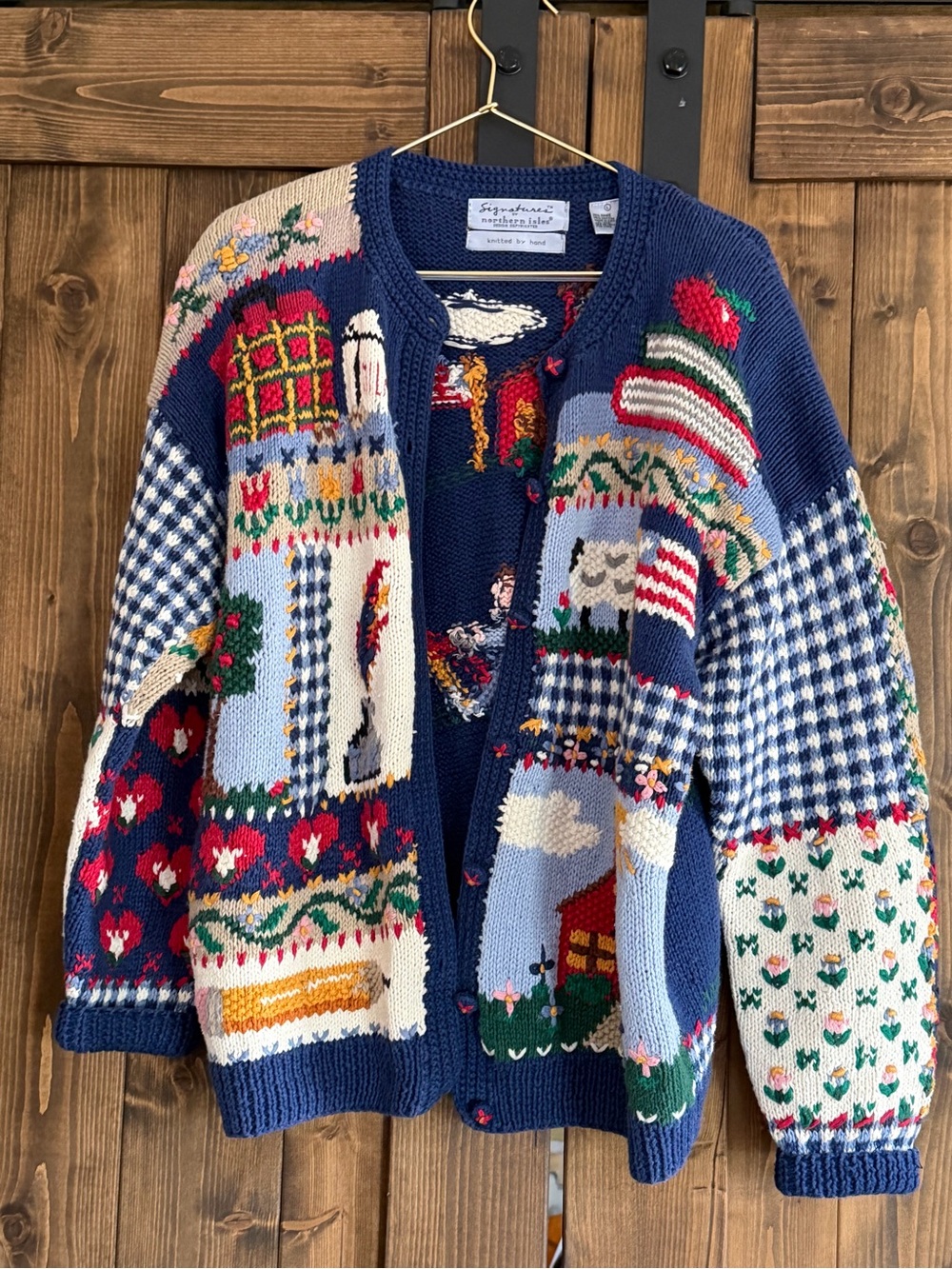 Handcrafted school themed Navy Multi-Pattern Women’s Cardigan Sweater